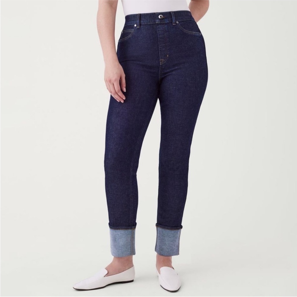 NWT Spanx Cuffed Straight Leg Jeans Raw Indigo Denim High Rise Size 3X Petite